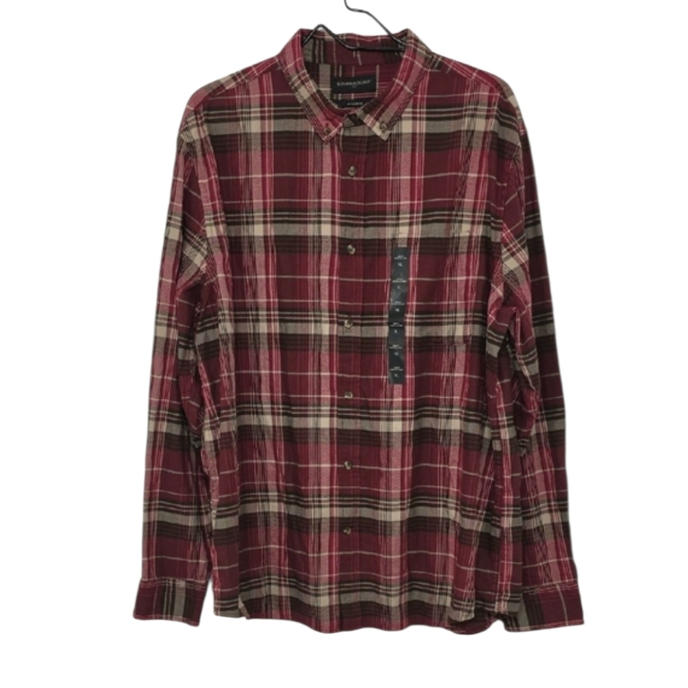 Banana Republic Shirt Mens XL Red/Beige Plaid Untucked Fit Button Down Casual‎